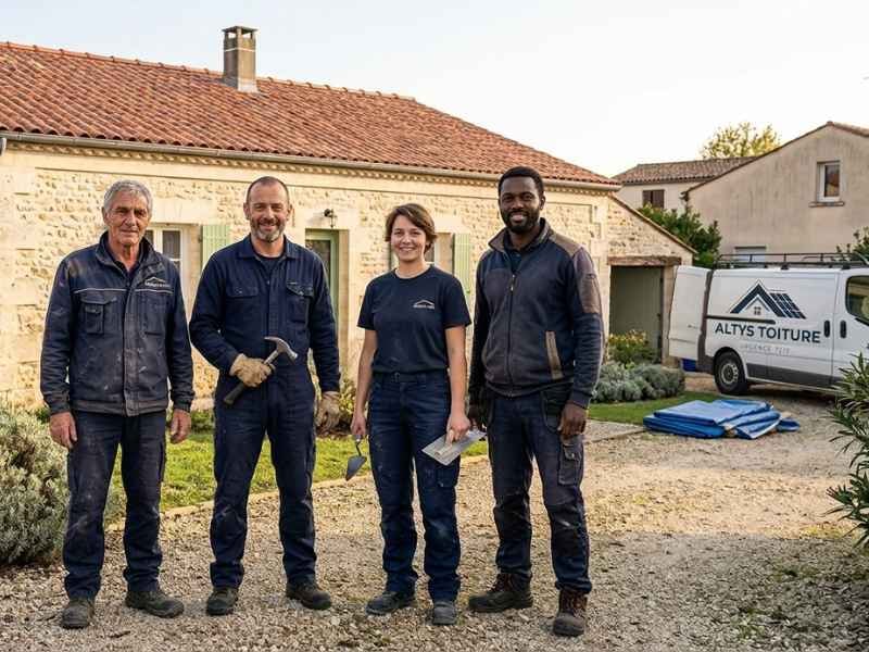 L’équipe d’Altys Toiture La Teste-de-Buch devant son fourgon, outils à la main, après une intervention en Gironde